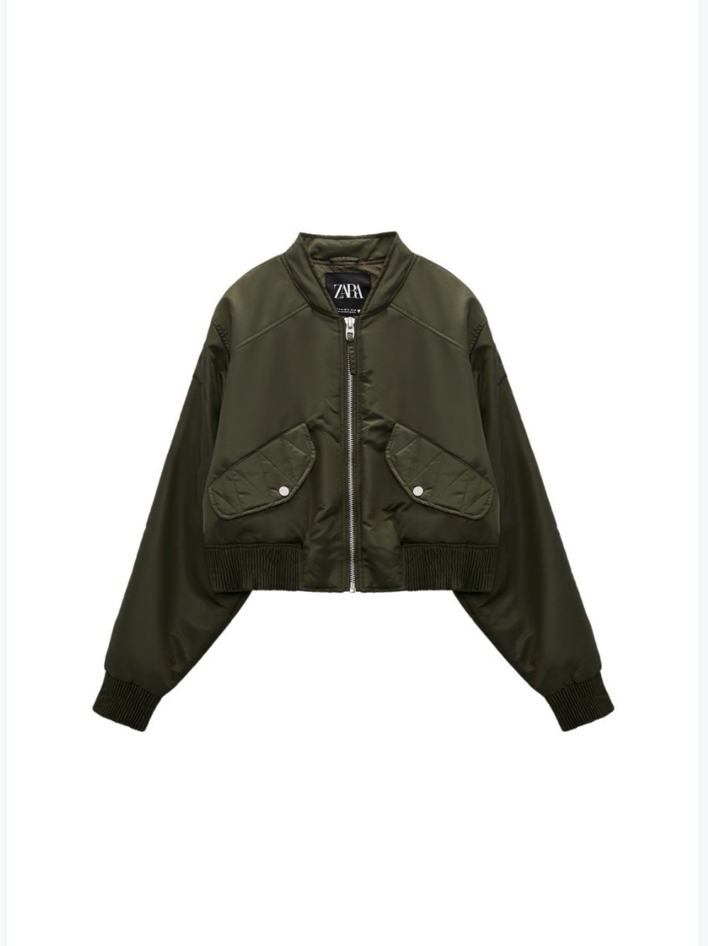 ZARA Olive Cropped Bomber Jacket with Snap Pockets